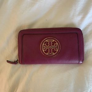 TORY BURCH RASPBERRY ZIP AROUND WALLET